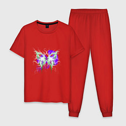 Пижама хлопковая мужская Неоновая зелено-фиолетовая бабочка, цвет: красный