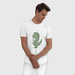 Пижама хлопковая мужская Милый зеленый динозаврик, цвет: белый — фото 2