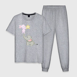 Пижама хлопковая мужская Милый Слонёнок и Кролик Играют Со Звездой, цвет: меланж