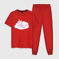 Пижама хлопковая мужская Милый Единорог Спит На Облаке, цвет: красный