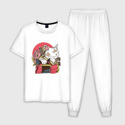 Пижама хлопковая мужская Котик Самурай Samurai Cat Japanese art, цвет: белый