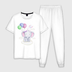Пижама хлопковая мужская Милый Слонёнок и Крольчонок На Облаке, цвет: белый