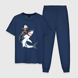 Пижама хлопковая мужская Опоссум верхом на акуле, цвет: тёмно-синий