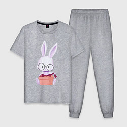Пижама хлопковая мужская Милый Крольчонок В Очках С Подарком, цвет: меланж