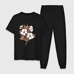 Пижама хлопковая мужская Цветы хлопка в букете, цвет: черный