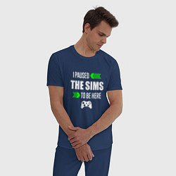 Пижама хлопковая мужская I Paused The Sims To Be Here с зелеными стрелками, цвет: тёмно-синий — фото 2