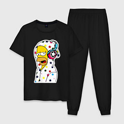 Пижама хлопковая мужская Гомер Симпсон в звёздном балахоне и в наушниках, цвет: черный