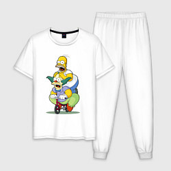 Пижама хлопковая мужская Гомер Симпсон и Клоун Красти едут на детском велос, цвет: белый