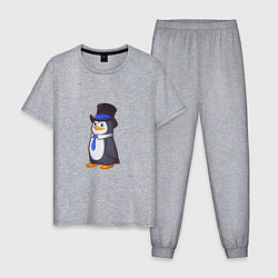 Пижама хлопковая мужская Пингвин в цилиндре, цвет: меланж
