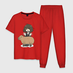 Пижама хлопковая мужская Девочка с капибарой - восторг, цвет: красный
