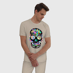 Пижама хлопковая мужская Чёрный мексиканский череп с разноцветными цветами, цвет: миндальный — фото 2