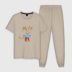 Пижама хлопковая мужская Рождественский олень с санями, цвет: миндальный