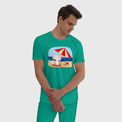 Пижама хлопковая мужская Кошечка на пляже с мороженым, цвет: зеленый — фото 2