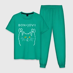 Пижама хлопковая мужская Bon Jovi rock cat, цвет: зеленый