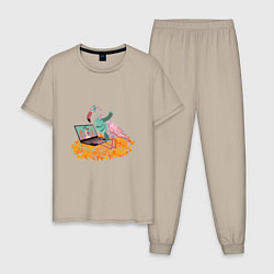 Пижама хлопковая мужская Осенний фламинго с ноутбуком, мечты о лете, цвет: миндальный