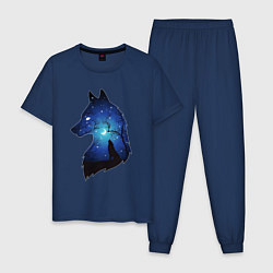 Пижама хлопковая мужская Волк ночью воет на луну, цвет: тёмно-синий