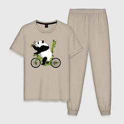 Пижама хлопковая мужская Панда на велосипеде с бамбуком, цвет: миндальный