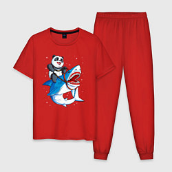 Пижама хлопковая мужская Панда верхом на акуле в космосе, цвет: красный