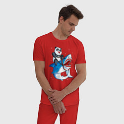 Пижама хлопковая мужская Панда верхом на акуле в космосе, цвет: красный — фото 2