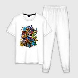 Пижама хлопковая мужская Граффити лицо и монстрики, цвет: белый