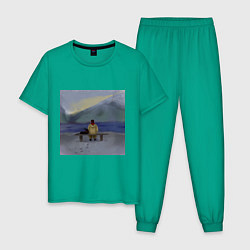 Пижама хлопковая мужская Арт Вид на маяк, цвет: зеленый