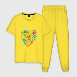Пижама хлопковая мужская Цветочный орнамент в форме сердца Любовь, цвет: желтый