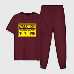 Пижама хлопковая мужская Предупреждение - не нужно убегать от медведя, цвет: меланж-бордовый
