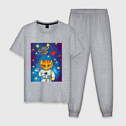 Пижама хлопковая мужская Абстрактный космический кот, цвет: меланж