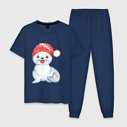 Пижама хлопковая мужская Новогодний тюлень, цвет: тёмно-синий