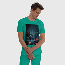 Пижама хлопковая мужская Нейросеть - Ночной Париж, цвет: зеленый — фото 2