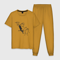 Пижама хлопковая мужская Кошачий баскетбол, цвет: горчичный