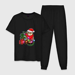 Пижама хлопковая мужская Новогодний манул с подарком, цвет: черный