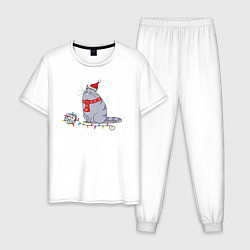 Пижама хлопковая мужская Кошка Хлоя новогодняя, цвет: белый