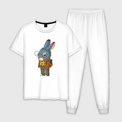 Пижама хлопковая мужская Заяц - ботан, цвет: белый