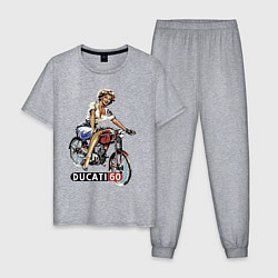 Пижама хлопковая мужская Красивая девушка на мотоцикле Ducati - retro, цвет: меланж