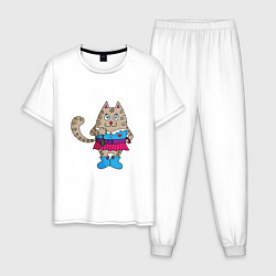 Пижама хлопковая мужская Влюбленная серая кошка под луной, цвет: белый