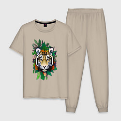 Мужская пижама Голова Тигра среди листьев и цветов, Тигр символ 2