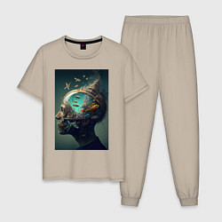 Пижама хлопковая мужская Мысли о море, цвет: миндальный