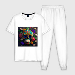 Пижама хлопковая мужская Разноцветные черепа, цвет: белый