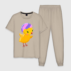 Пижама хлопковая мужская Цыплёнок вылупился из яичка, цвет: миндальный