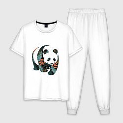 Пижама хлопковая мужская Панда в цветочном принте, цвет: белый
