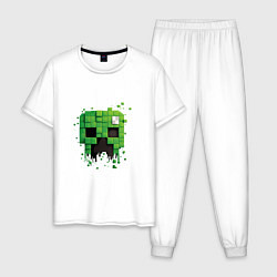 Пижама хлопковая мужская Распадающаяся на пиксели голова криппера, цвет: белый