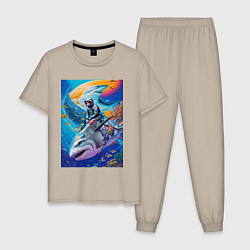 Пижама хлопковая мужская Cyber shark - ocean and space - art, цвет: миндальный