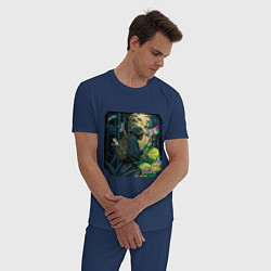 Пижама хлопковая мужская Мистический персонаж в бамбуковой роще, цвет: тёмно-синий — фото 2