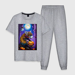 Пижама хлопковая мужская Чешуйчетый котяра - хэллоуин - ночь, цвет: меланж