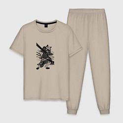 Пижама хлопковая мужская Кот-рубака, цвет: миндальный