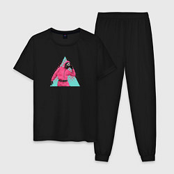 Пижама хлопковая мужская Игра в кальмара охранник в маске Треугольник, цвет: черный