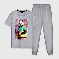 Пижама хлопковая мужская Панда в модной куртке - акварель, цвет: меланж