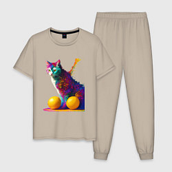 Пижама хлопковая мужская Яркий котик, цвет: миндальный