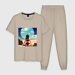 Пижама хлопковая мужская Девушка на пляже, цвет: миндальный
